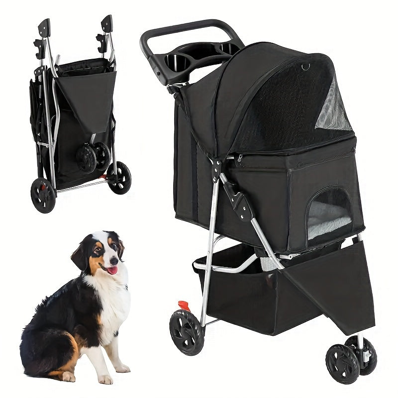 JHK Pet Stroller - Durable 3-Wheel Foldable Carrier with Metal Frame, Breathable Fabric, Wheel Lock, Cup Holder, Detachable Liner and Perfect for Outdoor Adventures with Small and Medium Cats and Dogs