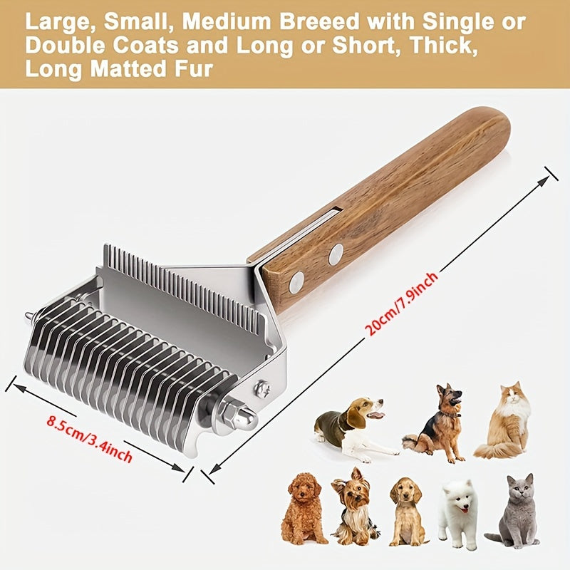 2-in-1 Dematting Comb and Deshedding Brush - Gentle Grooming Tool for Long and Medium Haired Dogs and Cats - Removes Tangles, Loose Hair, and Undercoat - Stainless Steel with Ergonomic Wooden Handle for Easy Grip