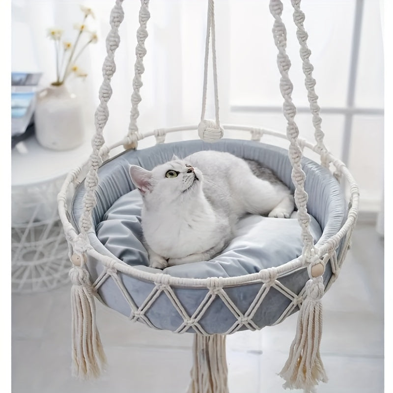 Chew-Resistant, Comfortable Cat Hammock: Durable Woven Rope Swing Bed & Space-Saving Cradle for Indoor Cats