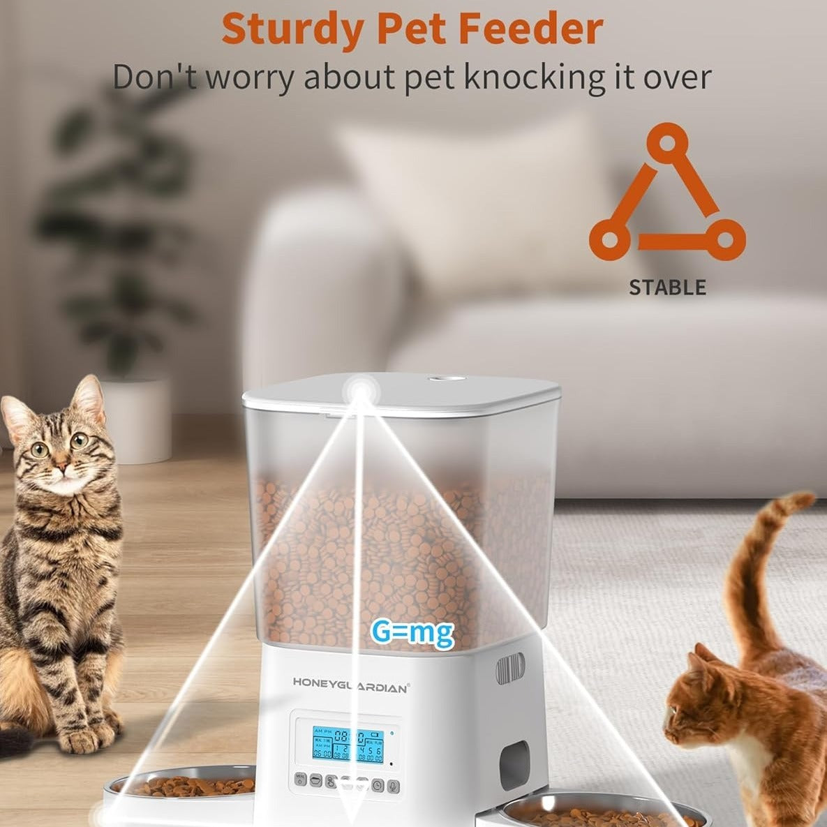 HONEYGUARDIAN Automatic Pet Feeder for 2 Cats 3.5L, Cat Food Dispenser with Stainless Steel Bowl,Timed Cat Feeder for Dry Food Programmable 1-6 Meals Control,Desiccant Bag,10s Meal Call Black and White