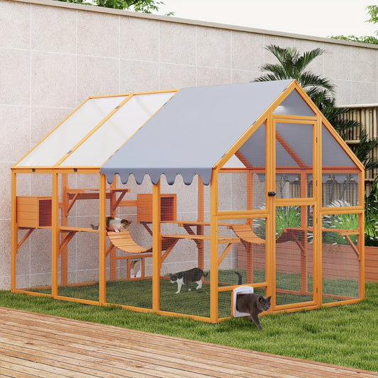 [Fast Arrival] Extra Large 110" L Catio Outdoor Cat Enclosure - Playpens with Multiple Condos, Bridges, Platforms, Walk-in Design, Waterproof & UV-Proof Canopy, Orange - Spacious, Safe, and Fun Outdoor Space for Multiple Cats