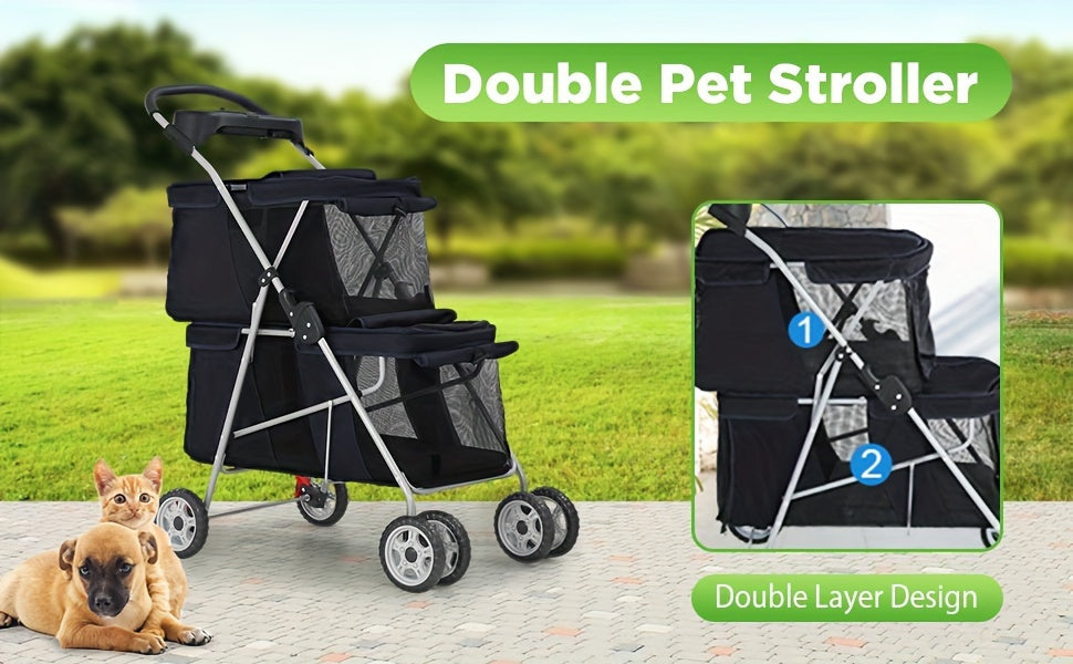 Pet Stroller Wagon - Spacious Double-Layer, Waterproof, Breathable, Folding Design with Mesh Window, Cup Holder, and Travel Bag for Small to Medium-Sized Cats and Dogs - Ideal for Camping, Transport, and Outdoor Adventures