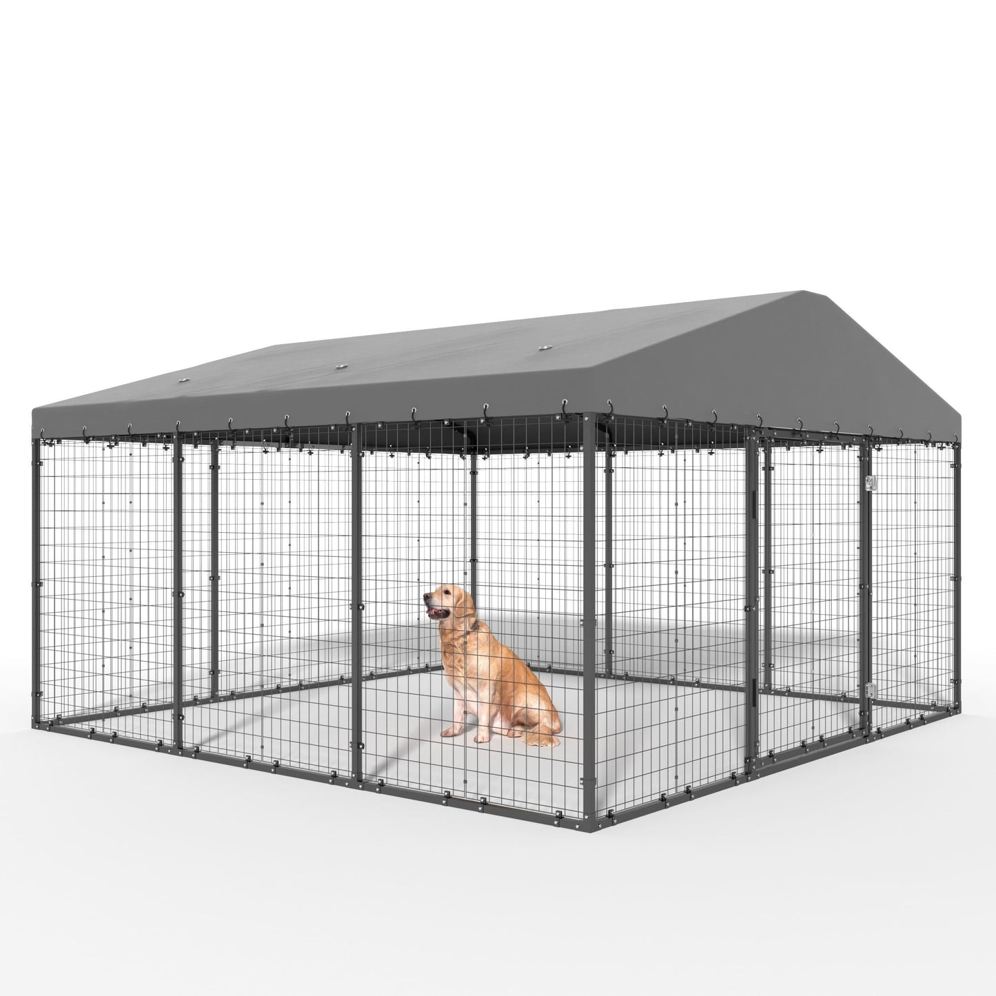 Large Outdoor Dog Kennel, Heavy Duty Dog Cage With Roof, Steel Dog Kennel With Waterproof UV-Resistant Cover And Double Safety Locks, W 118" X D 118" X H 70.9"