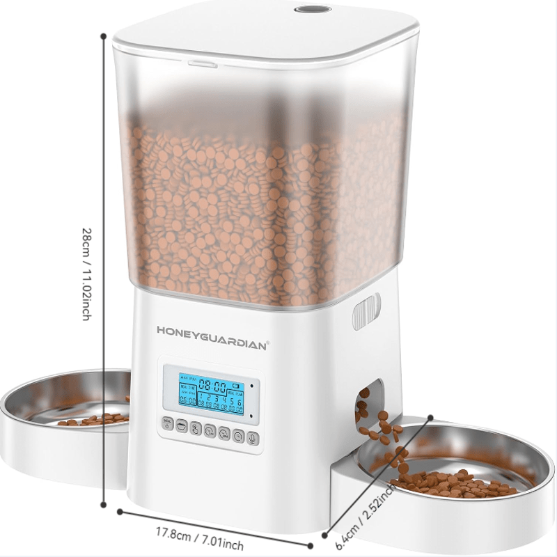 HONEYGUARDIAN Automatic Pet Feeder for 2 Cats 3.5L, Cat Food Dispenser with Stainless Steel Bowl,Timed Cat Feeder for Dry Food Programmable 1-6 Meals Control,Desiccant Bag,10s Meal Call Black and White