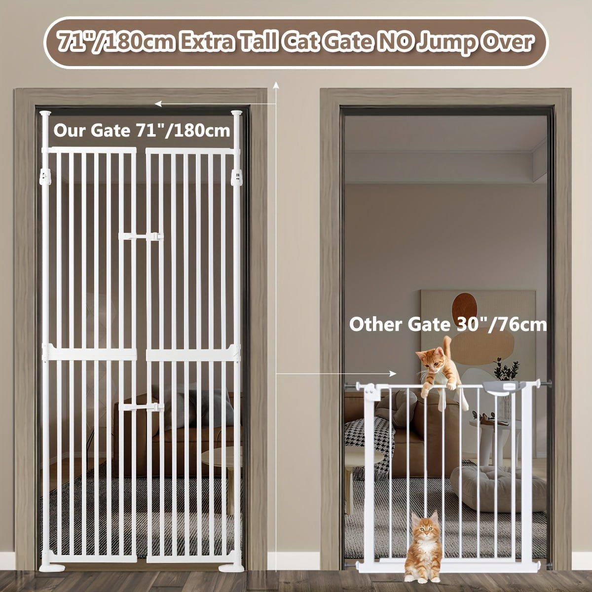 71" Extra Tall Auto Close Cat Safety Gate - Wide 33.86-35.43" Adjustable, 1.34" Narrow Gap, No Drilling Pressure Mount, Double Opening Innovation Pet Gate in Cream White