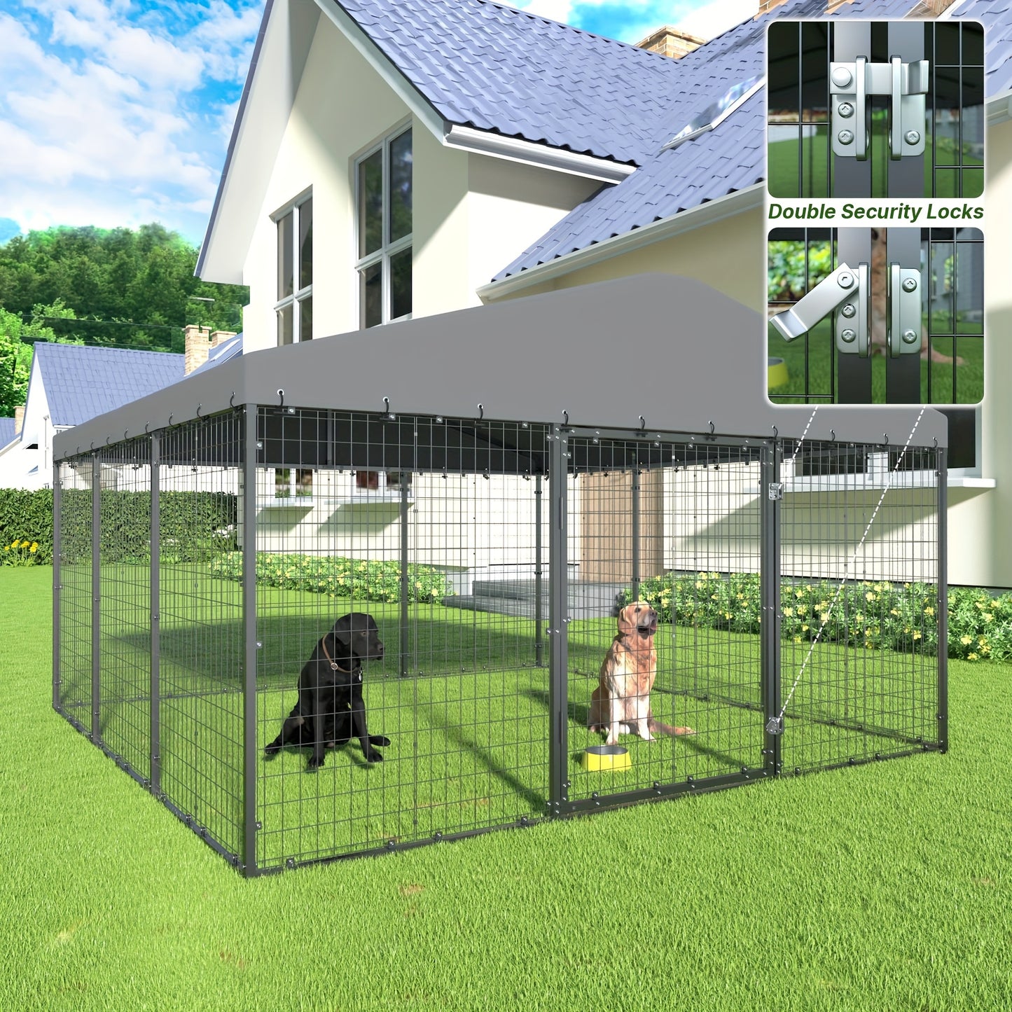 Large Outdoor Dog Kennel, Heavy Duty Dog Cage With Roof, Steel Dog Kennel With Waterproof UV-Resistant Cover And Double Safety Locks, W 118" X D 118" X H 70.9"