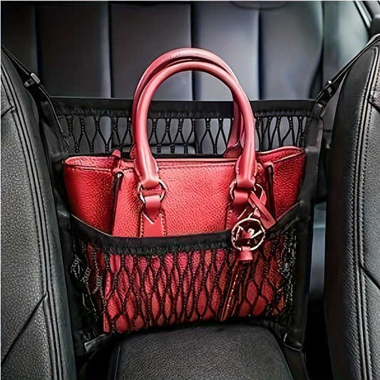 3-Layer Mesh Net Pocket Bag Car Storage Organizer - Adjustable Purse Holder, Handbag Holder, and Back Seat Pet Dog Barrier - Premium Car Accessories for Easy Storage and Organization