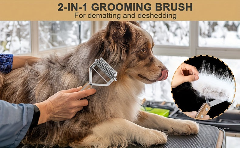 2-in-1 Dematting Comb and Deshedding Brush - Gentle Grooming Tool for Long and Medium Haired Dogs and Cats - Removes Tangles, Loose Hair, and Undercoat - Stainless Steel with Ergonomic Wooden Handle for Easy Grip