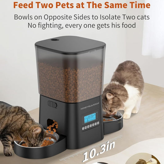 HONEYGUARDIAN Automatic Pet Feeder for 2 Cats 3.5L, Cat Food Dispenser with Stainless Steel Bowl,Timed Cat Feeder for Dry Food Programmable 1-6 Meals Control,Desiccant Bag,10s Meal Call Black and White