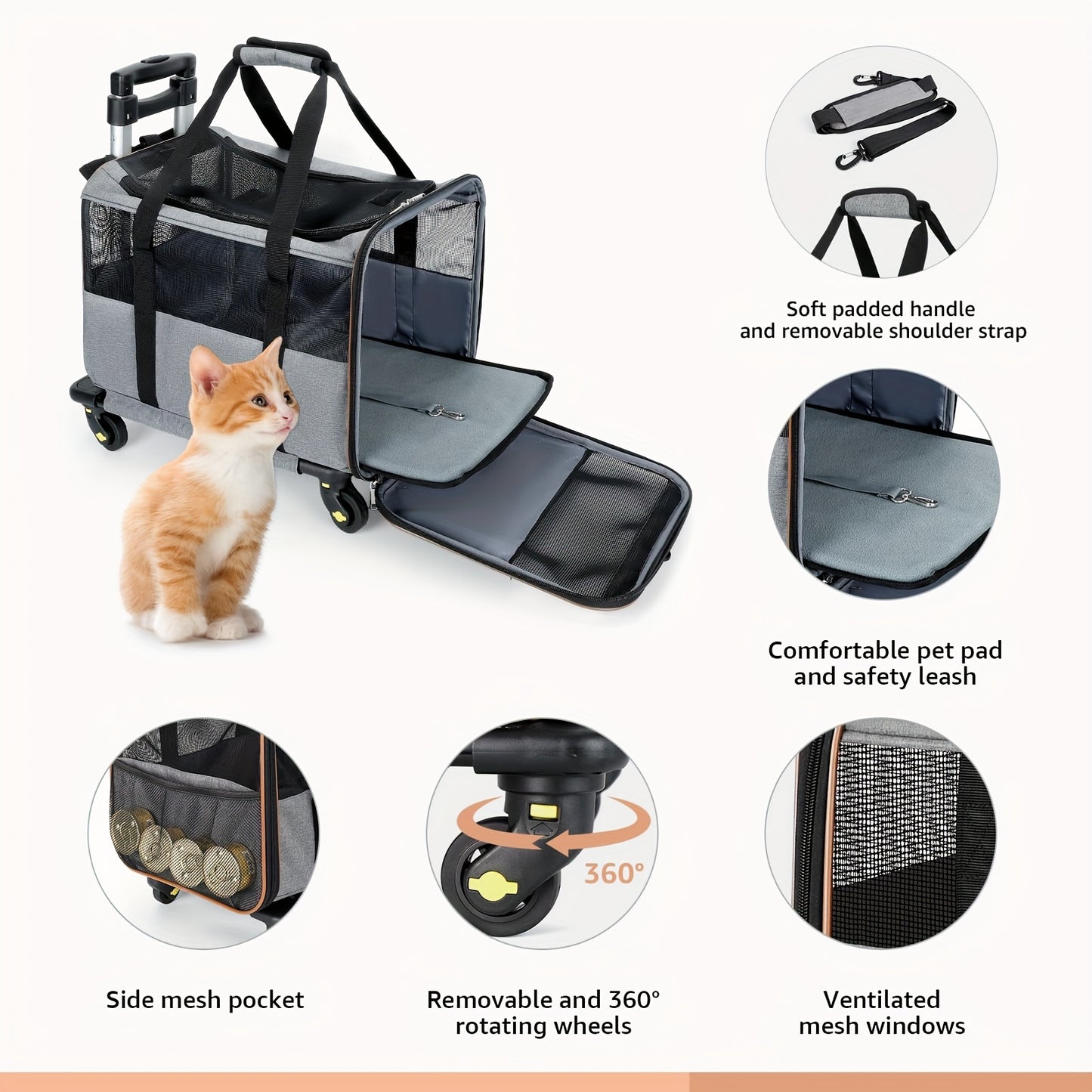 Pet Travel Carrier - Expandable, Airline Approved, Under Seat Compatible, Detachable Wheels, Adjustable Handle, Polyester Dog & Cat Carrier for Easy Travel