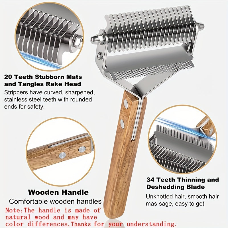 2-in-1 Dematting Comb and Deshedding Brush - Gentle Grooming Tool for Long and Medium Haired Dogs and Cats - Removes Tangles, Loose Hair, and Undercoat - Stainless Steel with Ergonomic Wooden Handle for Easy Grip