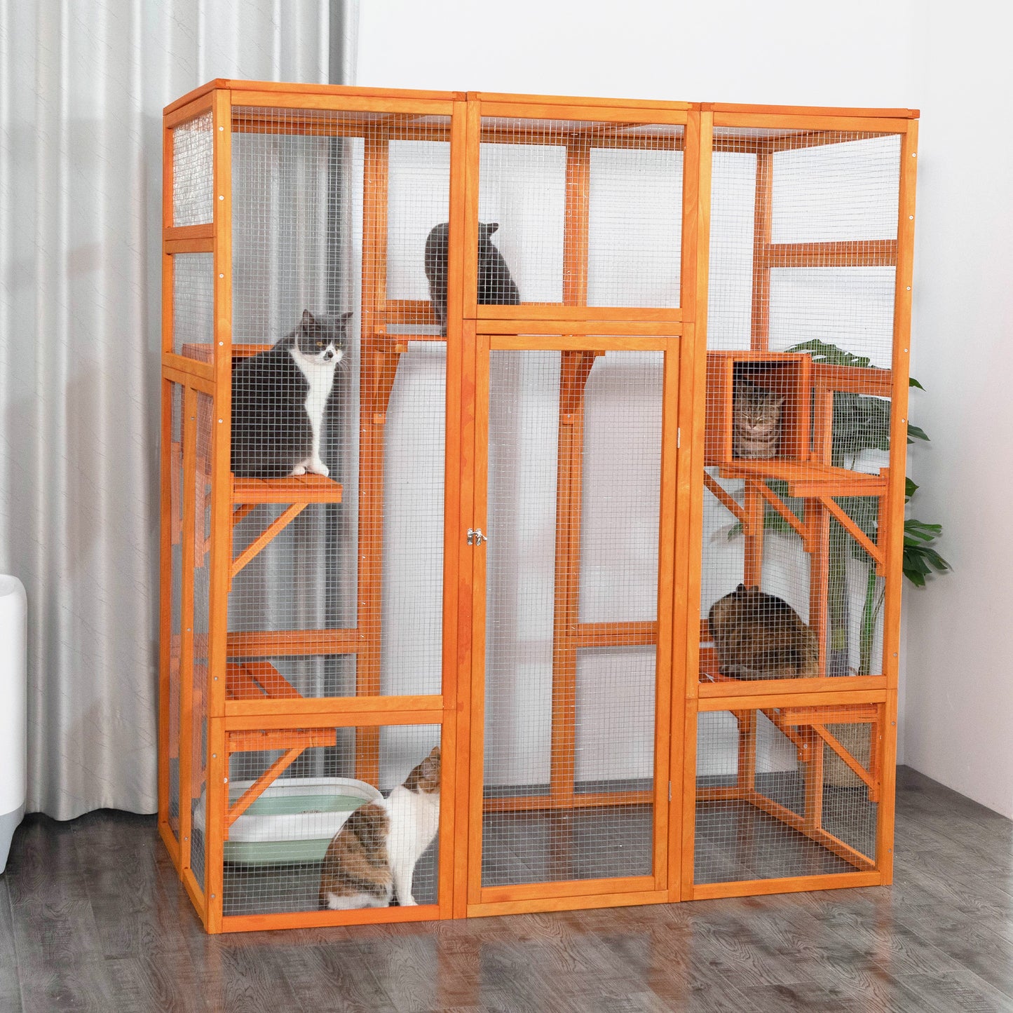 71Inches Large Cat House Outdoor&Indoor Catio - Cat Play & Run Enclosures Indoor Kitty Window Cage with Waterproof Roof, 7 Platforms & 2 Resting Box, UV Resistant Orange/Grey/Gothic