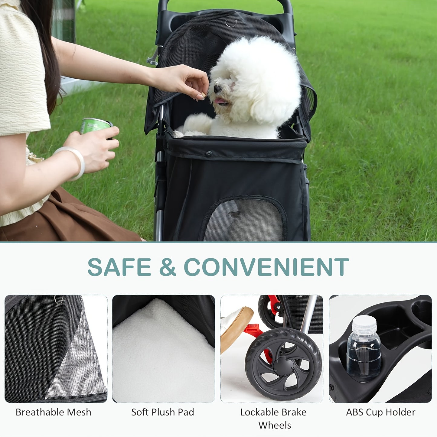 JHK Pet Stroller - Durable 3-Wheel Foldable Carrier with Metal Frame, Breathable Fabric, Wheel Lock, Cup Holder, Detachable Liner and Perfect for Outdoor Adventures with Small and Medium Cats and Dogs