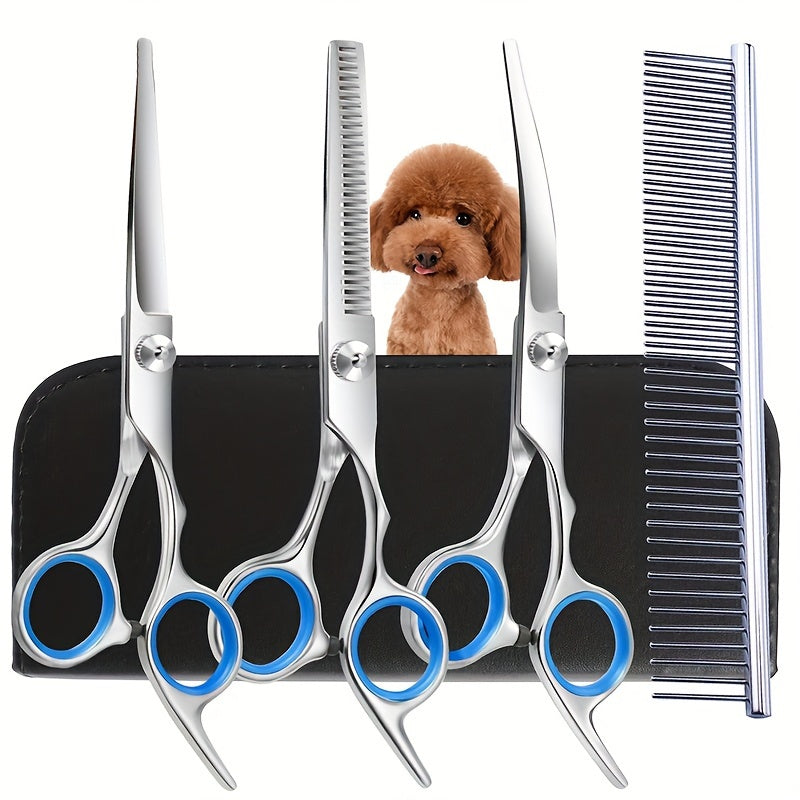 Premium Dog & Cat Grooming Scissors Kit - Professional, Safety Round Tip Stainless Steel Shears for Precise & Gentle Coat Care - Complete Set with No-Slip Grip for Easy Grooming at Home