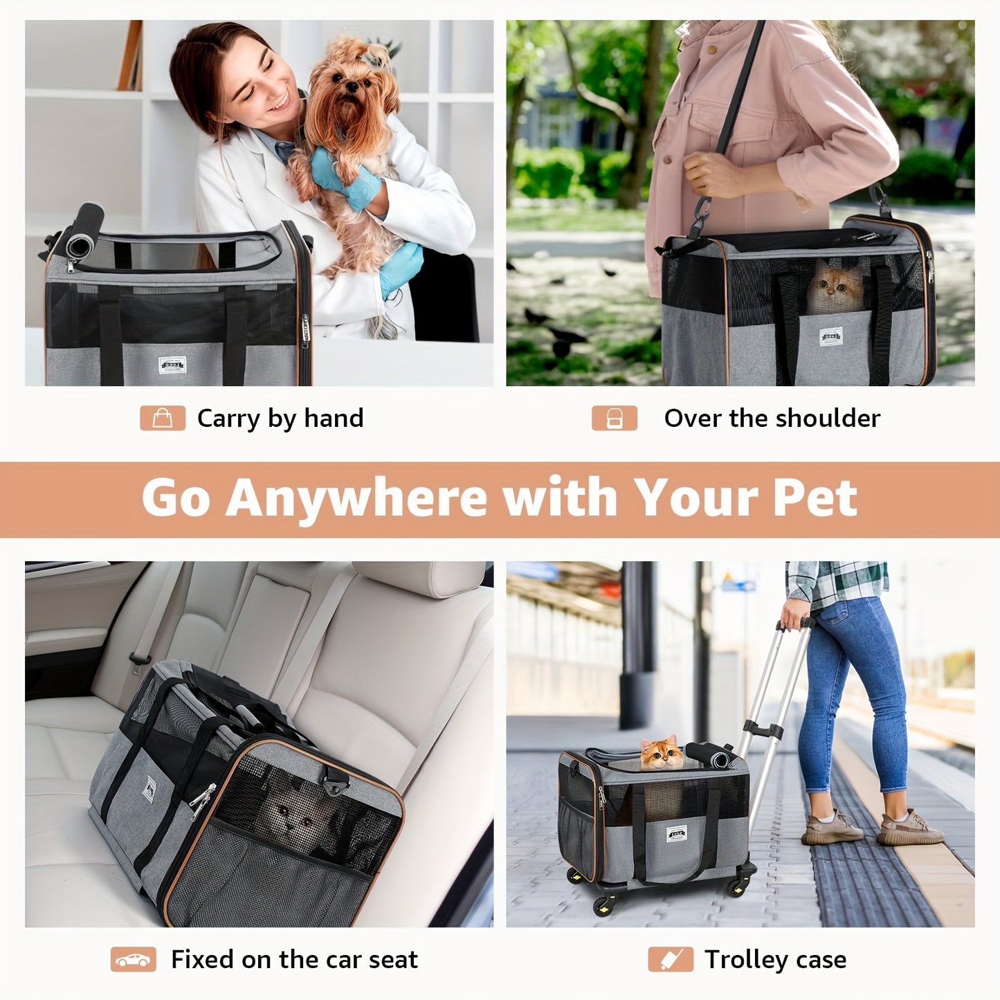 Pet Travel Carrier - Expandable, Airline Approved, Under Seat Compatible, Detachable Wheels, Adjustable Handle, Polyester Dog & Cat Carrier for Easy Travel