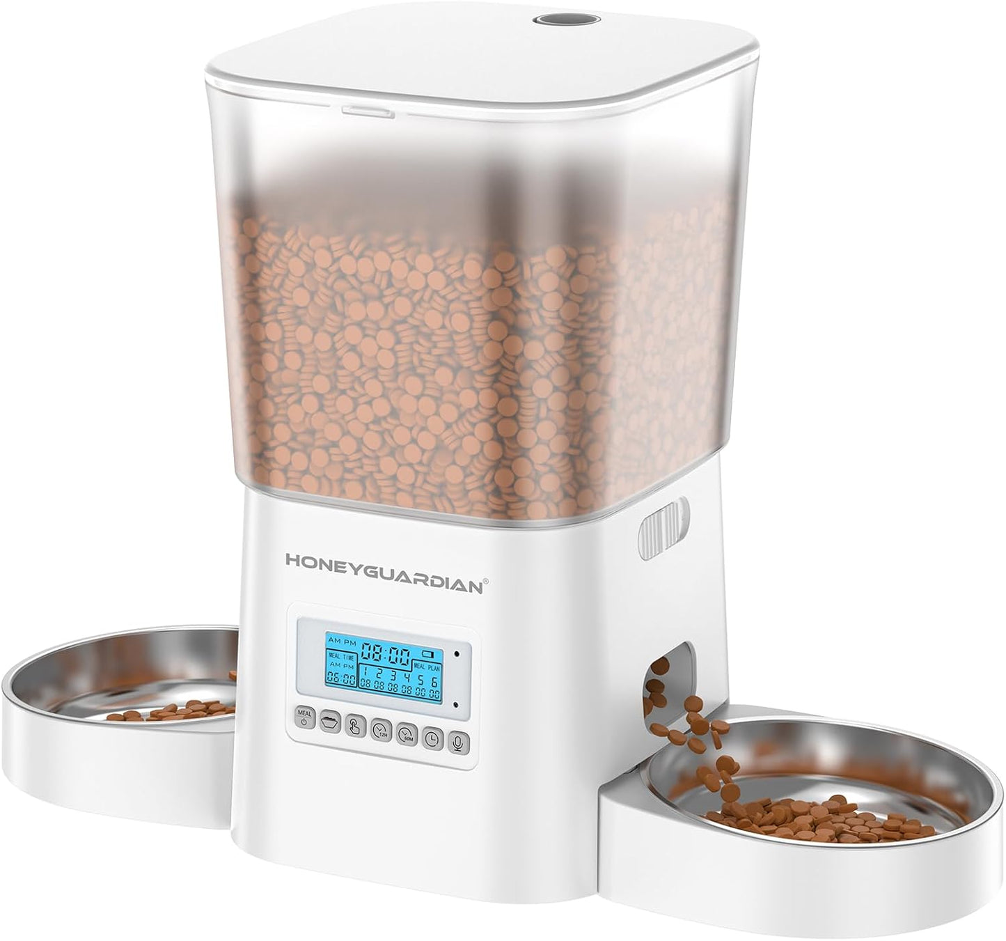 HONEYGUARDIAN Automatic Pet Feeder for 2 Cats 3.5L, Cat Food Dispenser with Stainless Steel Bowl,Timed Cat Feeder for Dry Food Programmable 1-6 Meals Control,Desiccant Bag,10s Meal Call Black and White